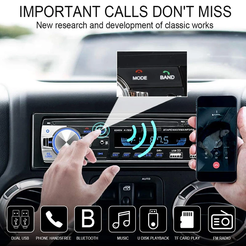 Car MP3 Player Car Radio 1 DIN 2.1A Dual USB Fast Charge Bluetooth Handsfree Digital Media Player 4X65W FM Radio Supports IOS an