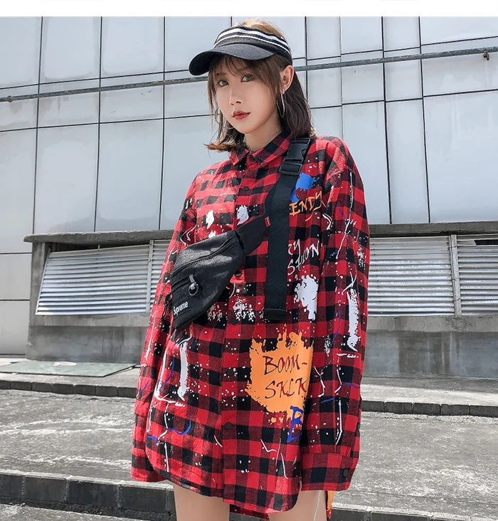 AELFRIC модная клетчатая забавная футболка с рисунком граффити Мужская Harajuku уличная Хип Хоп Топы повседневные хлопковые мужские с длинным рукавом негабаритных