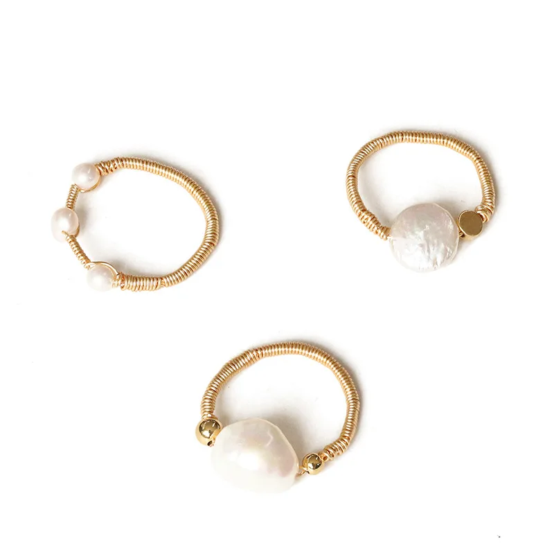 

SRCOI Fashion Simple Natural Fresh Water Pearl Baroque Beads Finger Rings Handmade Copper Wire Wrapped Rings For Woman Party