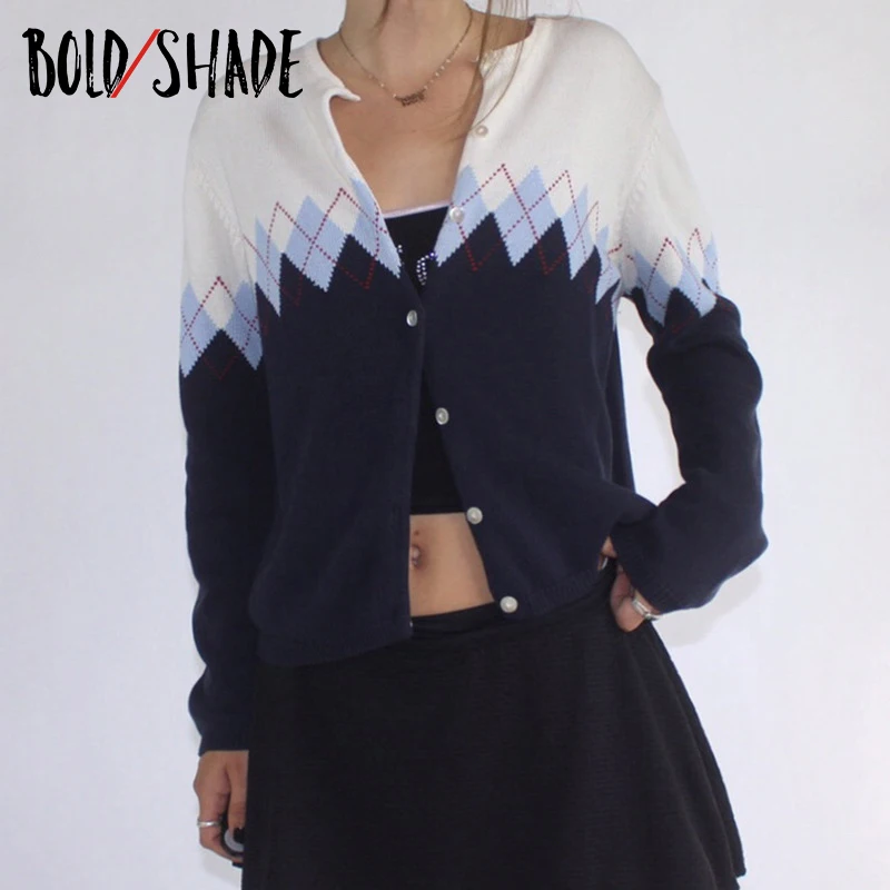 

Bold Shade Grunge 90s Aesthetic Vintage Cardigans Patchwork Argyle Long Sleeve Knitting Sweaters Women Autumn Street Style Tops