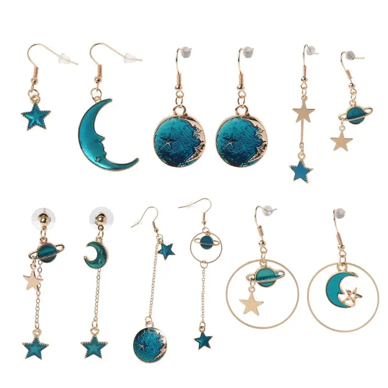 

Blue Planet Moon Star Mismatch Long Chain Drop Earrings Women Fashion Jewelry