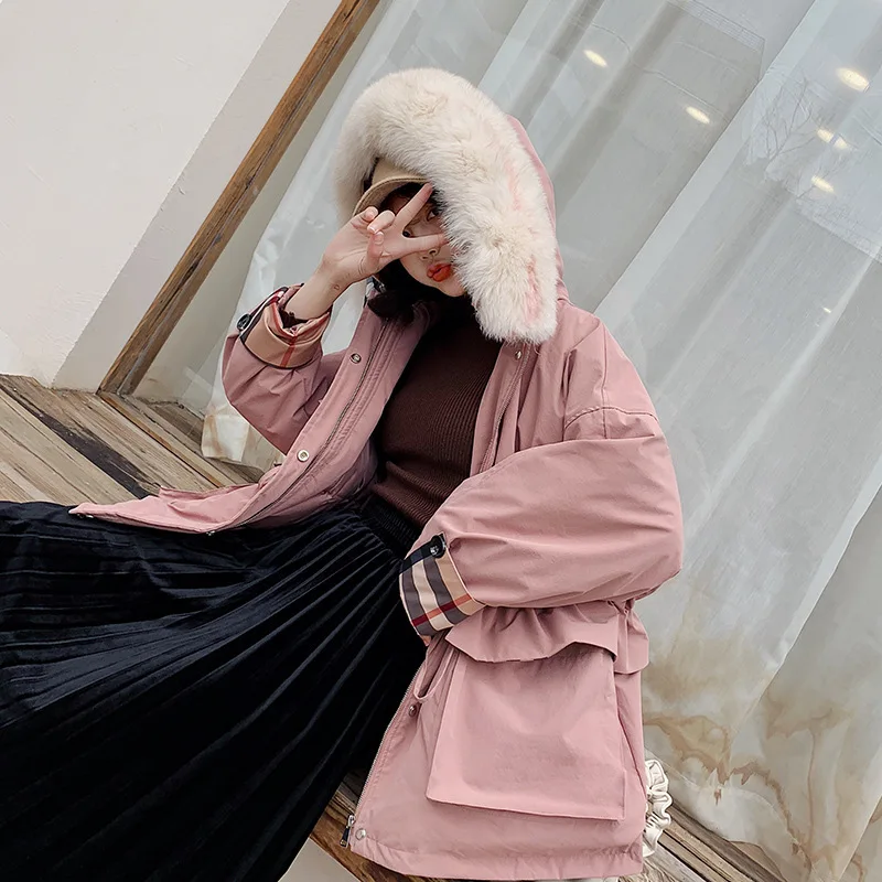 

2019 Winter New Short Down Jacket Thick Loose Down Coat Natural Fur Collar White Duck Down Hooded Jacket Womens Cc126