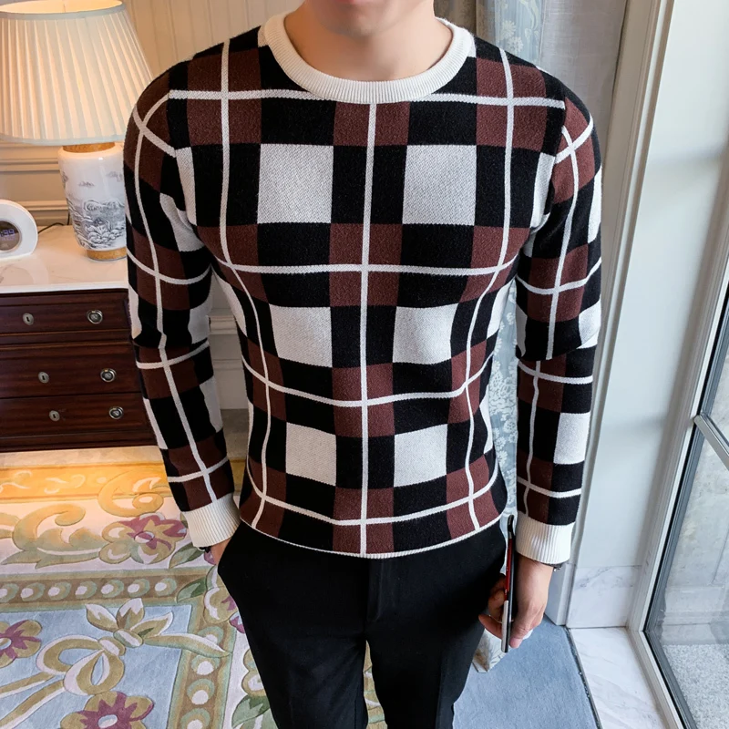 

Long Sleeve Sweater Erkek Kazak Pullover Sweater Men Round Neck Check Rendering Knitting Unlined Upper Garment Self-cultivatio