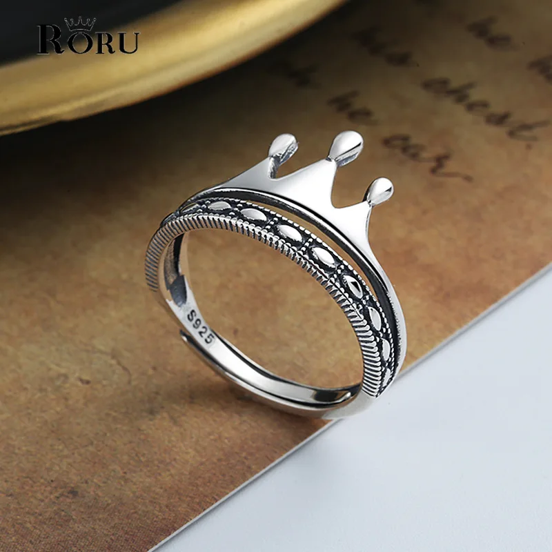 

S925 Sterling Silver Crown Light Luxury Double-layer Opening Ring Personality Retro Jewelry Girlfriend Gift Index Finger Ring