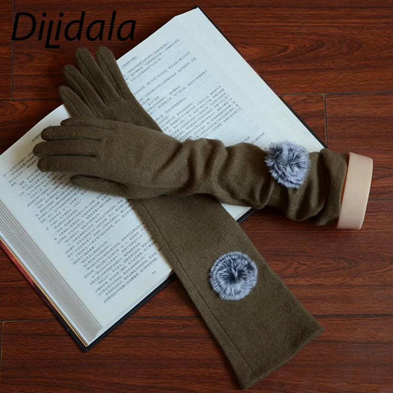 Dilidala зимние кашемировые теплые длинные перчатки с шерстяным шариком для езды на велосипеде с сенсорным экраном длинные перчатки мягкие и удобные теплые перчатки