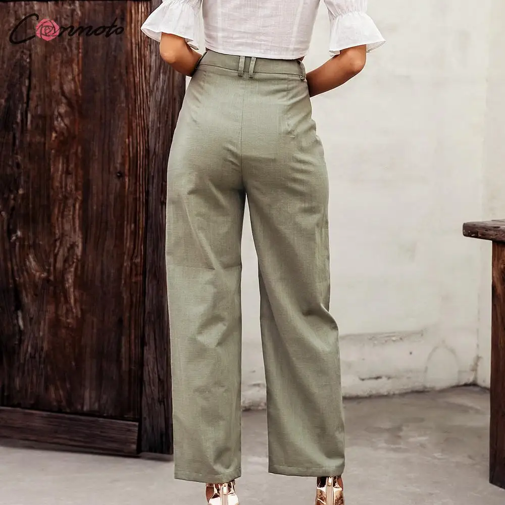 Conmoto high waist casual pants women summer spring solid green trousers high waist green ruffles vintage pants
