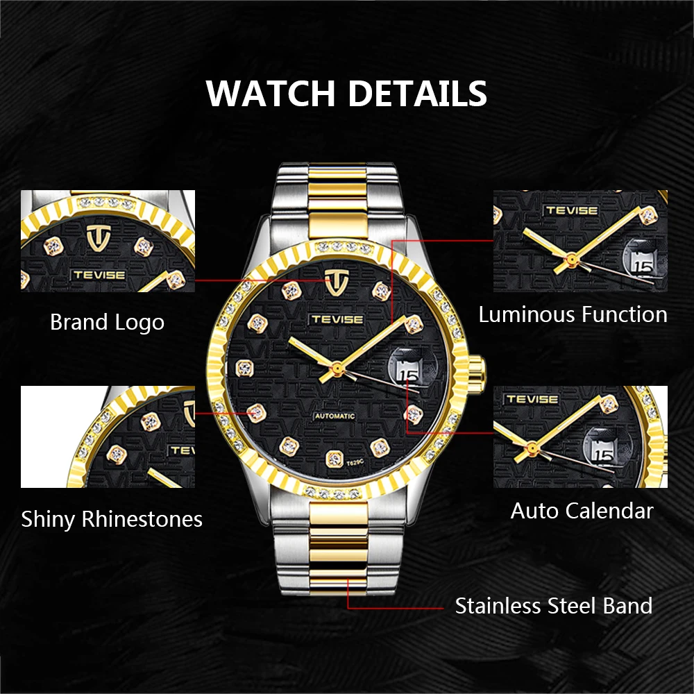 Мужские часы TEVISE Diamond Gold часы мужские Дата светящаяся водонепроницаемые часы мужские деловые часы автоматические механические наручные часы