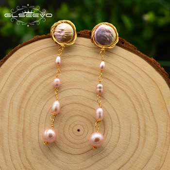 

GLSEEVO Natural Fresh Water Baroque Pink Flat Pearl For Women Wedding Engagement Long Tassel Drop Earring Fashion Jewelry GE0737