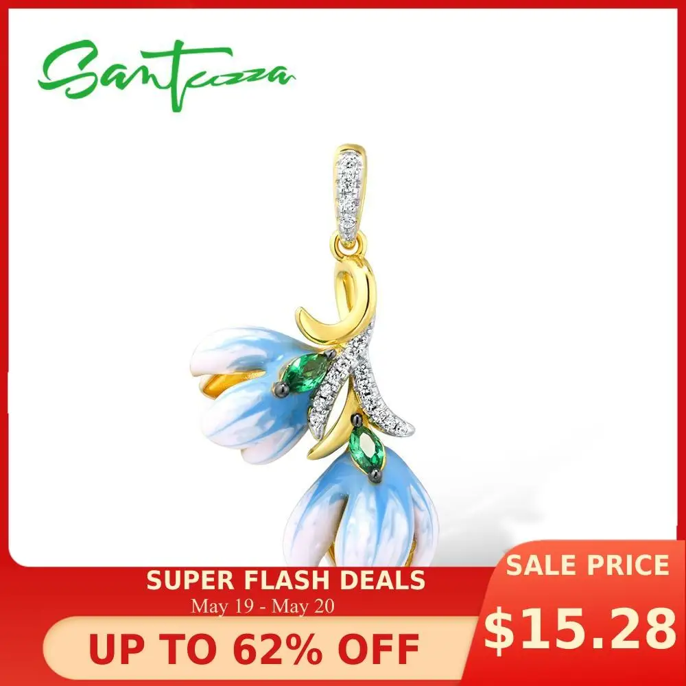 

SANTUZZA Silver Pendants For Women Authentic 925 Sterling Silver Gold Color Delicate Orchid Flower Fine Jewelry Handmade Enamel