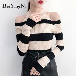 Beiyingni сексуальный свитер с открытым плечом женские Srtipe толстые корейские тянущиеся эластичные спортивные штаны женские топы зимние