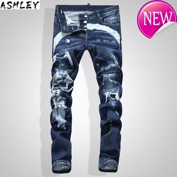 

Style jeans European men hole jeans famous spliced straight blue hole zipper slim jeans pants for men