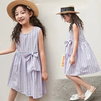 

Bow Girls Dress 2020 Summer Teens Kids Cotton Casual Dresses Striped Girl Princess Party Frock Fashion Children Clothes Customs