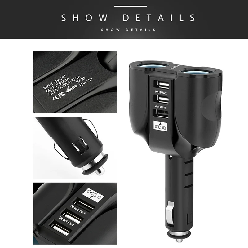 Мульти-в-одном QC3.0 автомобильное зарядное устройство 3 порта USB зарядное устройство для быстрой зарядки светодиодный адаптер Зажигалка Розетка для Samsung huawei xiaomi iphone