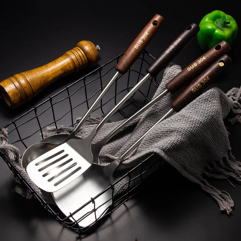 Stainless Steel Spatula Kitchenware Sets Anti-Scalding Wooden Handle Soup Spoon Colander Frying Shovel Kitchen Cooking Utensils