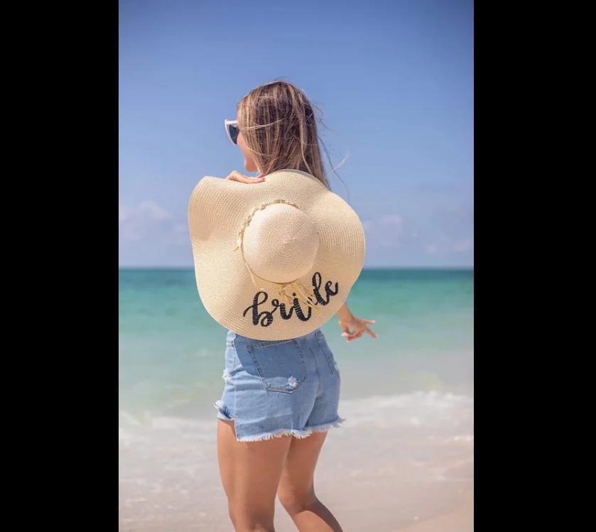 

Womens Paper Floppy Embroidered Wide Brimb Adjustable Beach wedding Party Sun Hat with Ribbon Band with Wind Lanyard