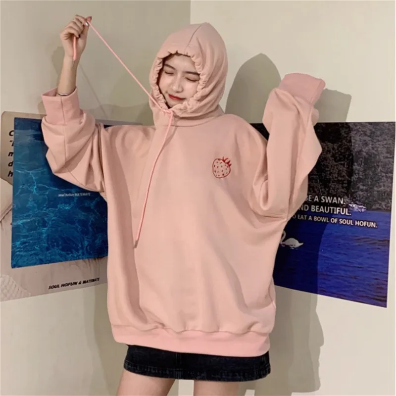 

Women 's Hoodie Pullover Kawaii Drawstring Sport Strawberry Hooded Embroidery Long-sleeved Loose Coat Autumn Fashion 2022 New