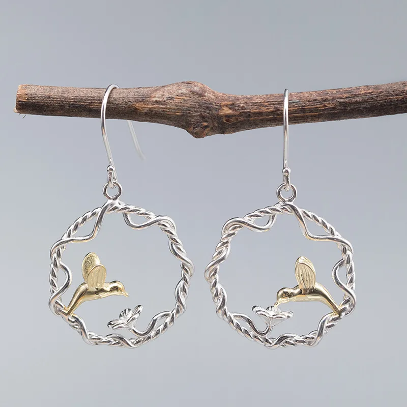 

Authentic 925 Sterling Silver Drop Dangling Earrings for Women Round Cirrus Bird Animal Hook Earring Creative Ethnic Jewelry