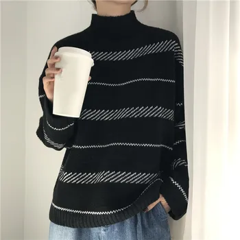 

2020 new Korean Autumn Winter Loose bf Sweaters Women High Collar Striped Sweater Coat Jacket Female Knit Pullover tops V1173