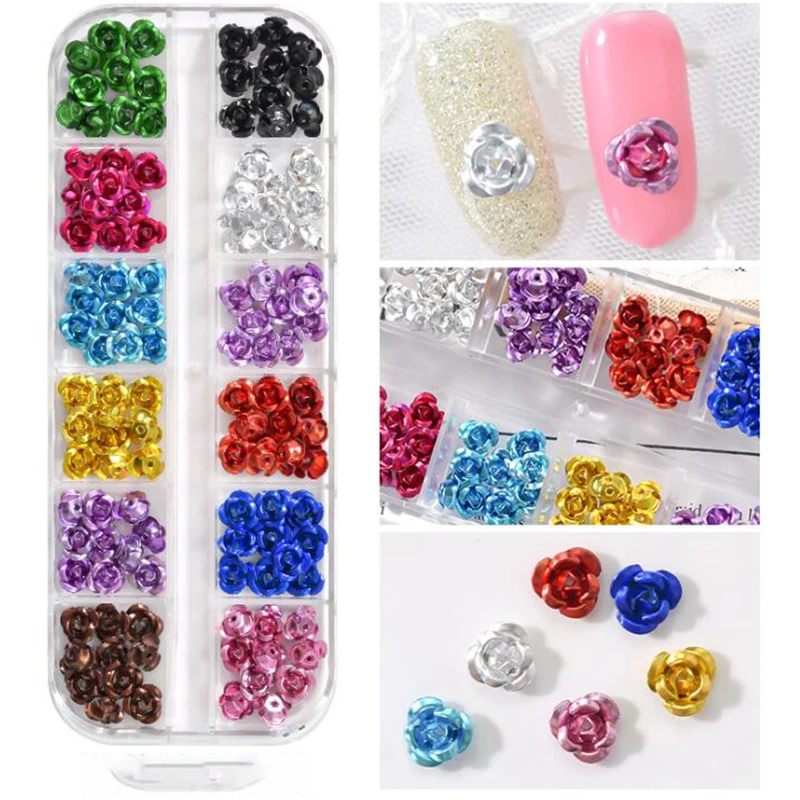 

6mm Assorted Aluminum Rose, 240PCS/case Cabochons For Nail Art Tiny Rose Flower Flat-back Embellishment Decorations In 12 Grids