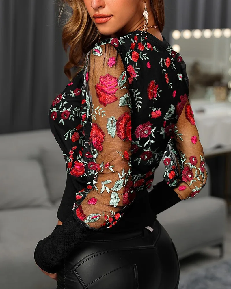 New Mesh Sleeve Blouse shirts Embroidery Floral Sheer Women 2020 Spring patchwork pullovers Elegant sexy see through tops New Mesh Sleeve Blouse shirts Embroidery Floral Sheer Women 2020 Spring patchwork pullovers Elegant sexy see through tops