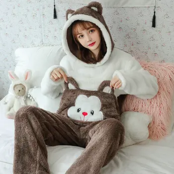 

TOP Autumn and winter plus size flange cartoon thickening coral fleece sleepwear female Pajama Sets M-2xl with hooded