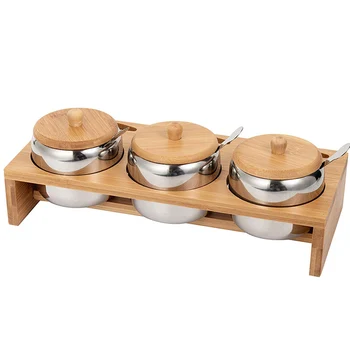 

Spice Jar Condiment Pots Set SUS 304 Stainless Steel Seasoning Container with Spoon Bamboo Holder Rack and Lid
