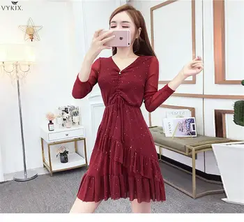 

New Spring Sundress Sexy Dress Long Sleeve Lace Up Bow V Neck Summer Dress Mini A-line Elasticity Waist Women Dress Dropshiping