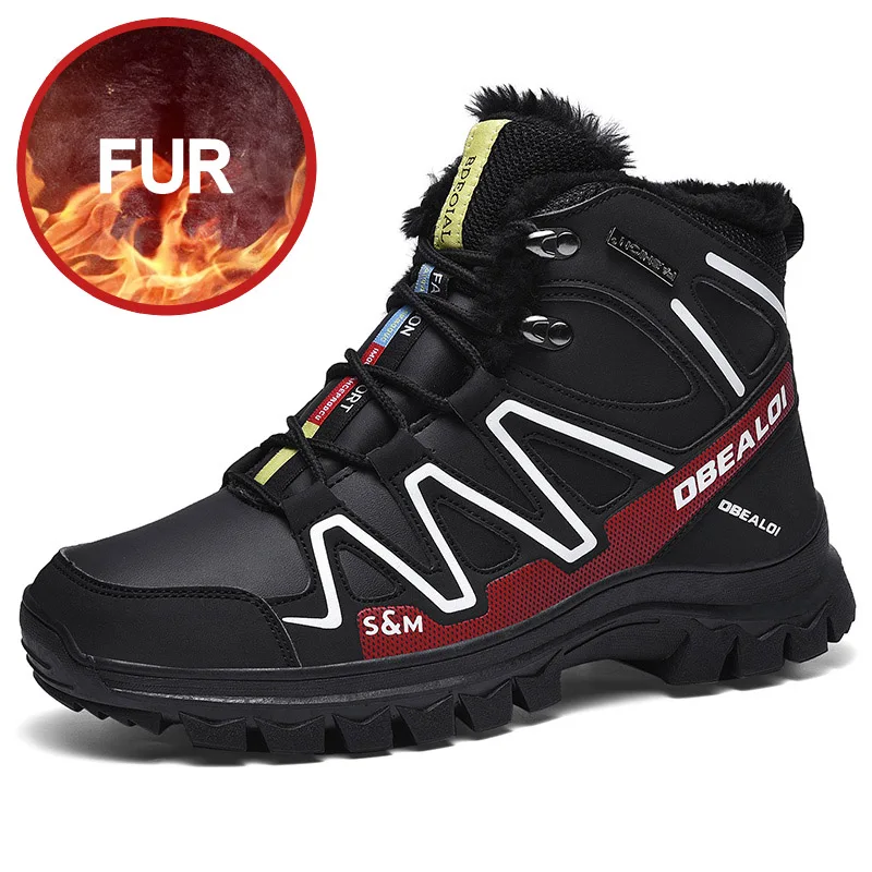 699 black red Зимние мужские ботинки; бархатные теплые кроссовки; уличная водонепроницаемая обувь; мужские высокие легкие ботинки; однотонная обувь - Цвет: 699 black red