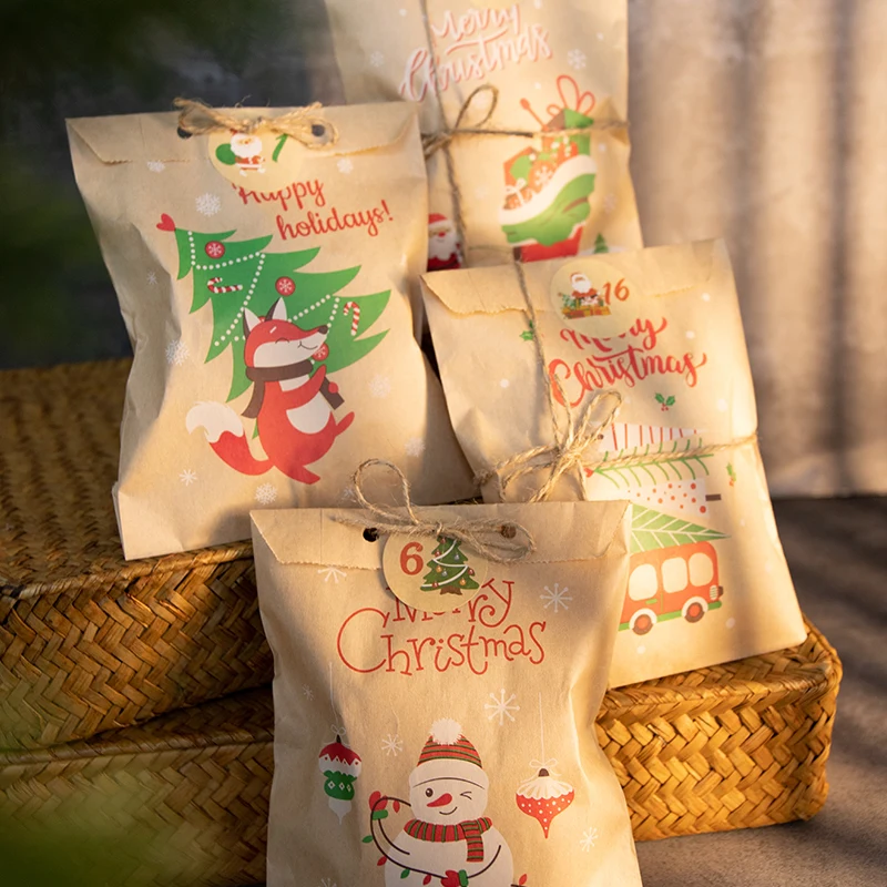 Bolsas de papel Kraft para Navidad, conjunto de 24 bolsas de regalo de Papá Noel, muñeco de nieve, zorro, para fiesta de Navidad, bolsa de galletas de caramelo, Insumos para envolver regalos - Imagen 6