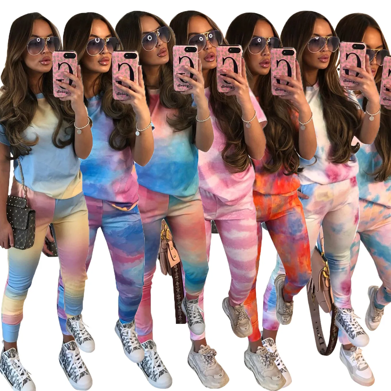 

Zoctuo Tie Dye Women Two Piece Set Fashion Casual Home Changing Color Tracksuit Short Sleeve T Shirt + Pants Sportswear