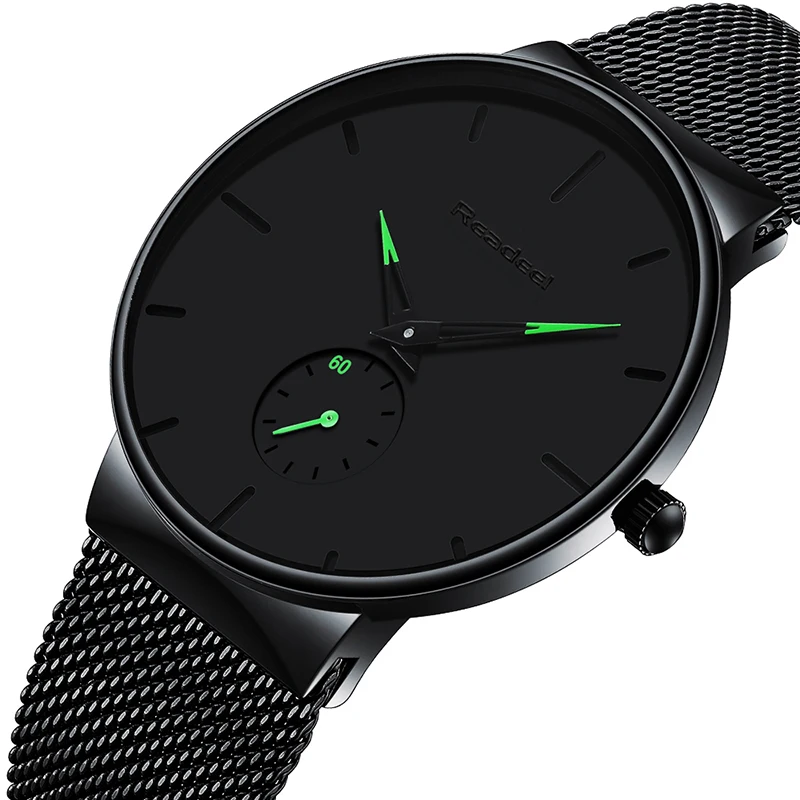 Black Green Reloj hombre READEEL Топ бренд класса люкс водонепроницаемые мужские часы ультра тонкие ручные часы мужские сетчатые ремешок повседневные кварцевые мужские часы - Цвет: Black Green