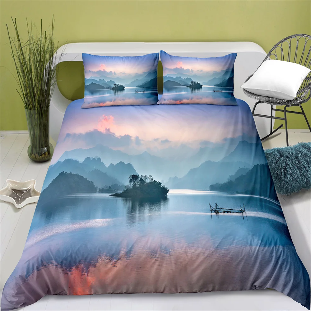 

Home Textiles Printed Lake Scenery Bedding Quilt Cover & Pillowcase 2/3PCS US/AE/UE Full Size Queen Bedding Set