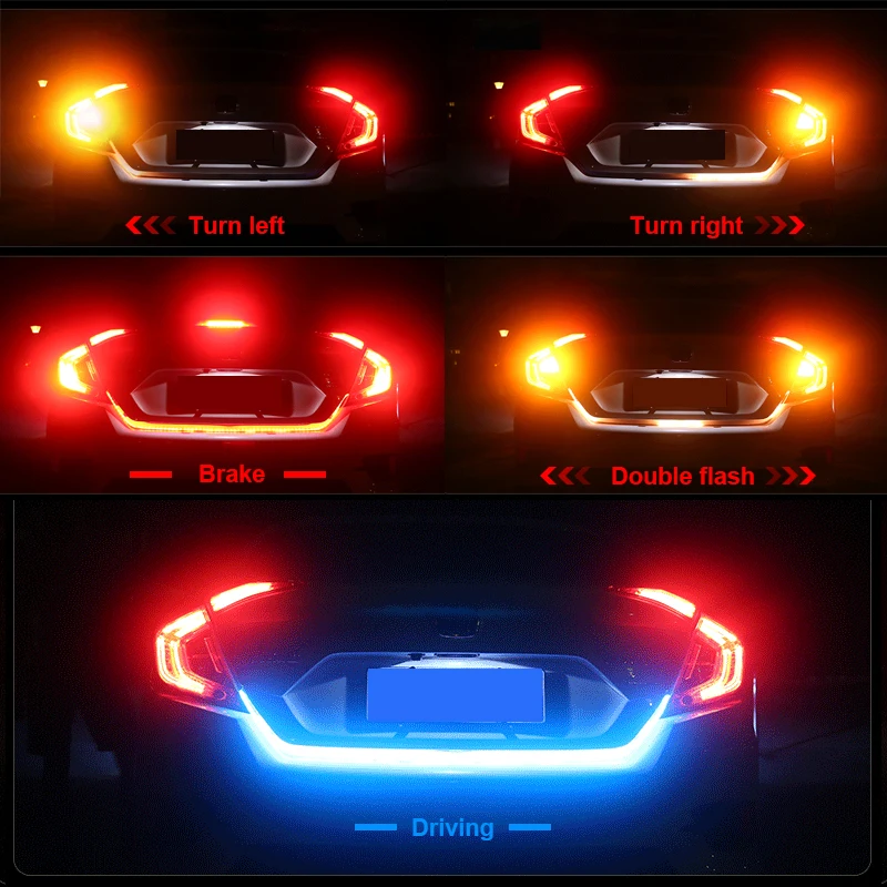 

Multicolor Ice Blue Red Yellow White LED Strip Rear Trunk Tail Light Car Brake Turn Signal Flow Reverse Leds DRL Warning Lights