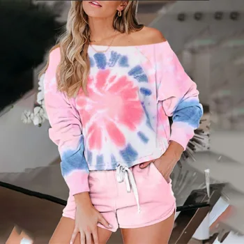 

2020 New Womens Tie Dye Printed Ruffle Short Pajamas Set Long Sleeve Tops And Shorts Set Loungewear Nightwear Sleepwear
