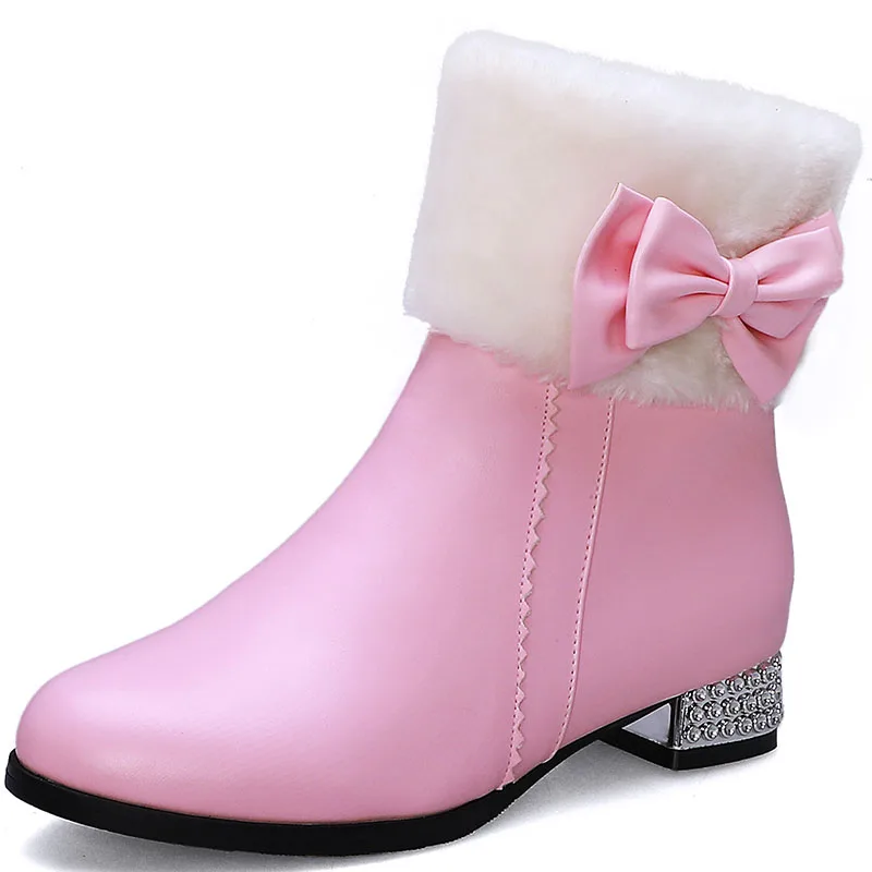 pink Женские ботильоны из искусственной кожи с бантиком-бабочкой на квадратном каблуке; Цвет черный, розовый, красный; сезон осень-зима; женская обувь; большие размеры 42, 43 - Цвет: pink