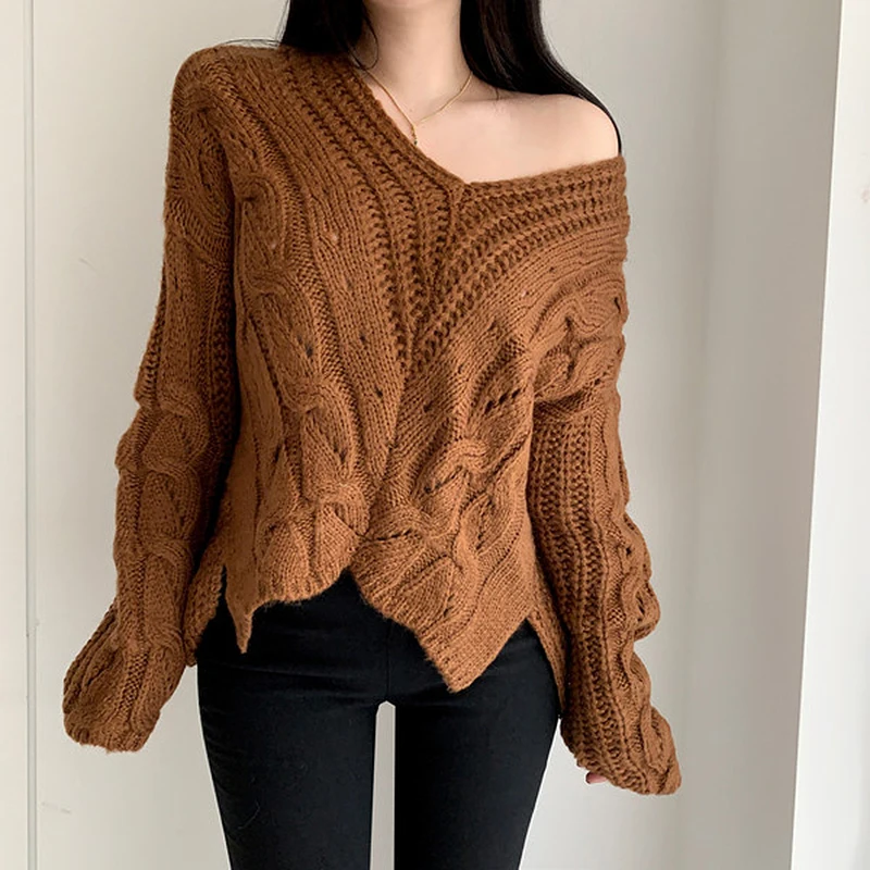 GALCAUR, корейский стиль, винтажный вязаный женский свитер, v-образный вырез, длинный рукав, свободный, Повседневный, плюс толстый женский пуловер, осень