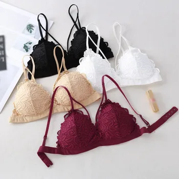 

Women Lace Decoration Triangle Cup Bra Adjustable Straps Wireless Solid Push Up Underwear ,
