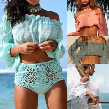 

Women Beach Cover Up Bikini 2020 Swimwear Beach Off-shoulder Blouse T-Shirt Carop Tops Summer bathing suit women