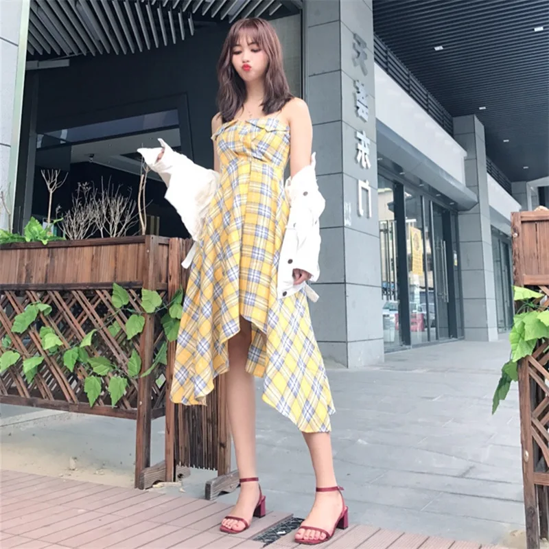 

Plaid Strapped Dress New Style CHIC Dress Women's Summer off-Shoulder Waist Hugging Slimming Skirt 2019 Best Friend