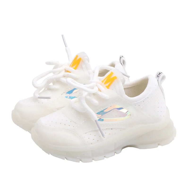 Однотонные Детские кроссовки на шнуровке, модная детская обувь из дышащей сетки, светящаяся обувь для маленьких девочек и мальчиков