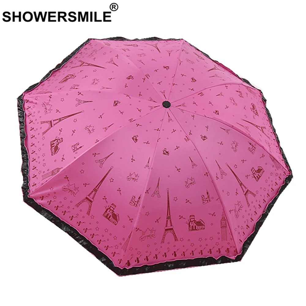

SHOWERSMILE Lace Parasol Umbrella Tower Sun Rain Beach Umbrella Women Thee Folding Uv Protection Rose Red Elegant Parapluie