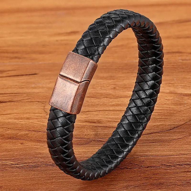 Fashion Stainless Steel Charm Magnetic Black Men Bracelet Leather Genuine Braided Punk Rock Bangles Jewelry Accessories Friend - Окраска металла: BXXG1044gold