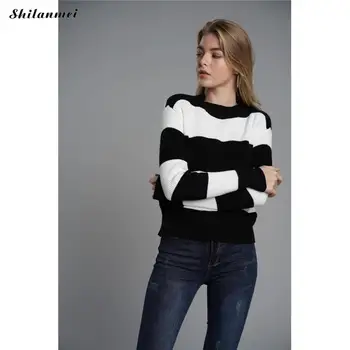 

Fashion Autumn Sweater Knitted Women Crop Top Turtleneck Black White Stripe Cropped Pullover Sweaters Slim Jumper Pull Femme
