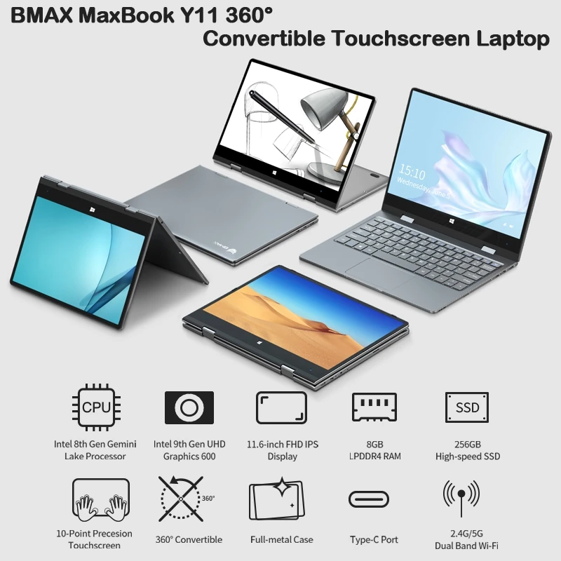 BMAX Y11 Laptop 11.6 Inch Quad Core Intel N4120 1920*1080 IPS Screen 8GB LPDDR4 RAM 256GB SSD ROM Notebook Windows10