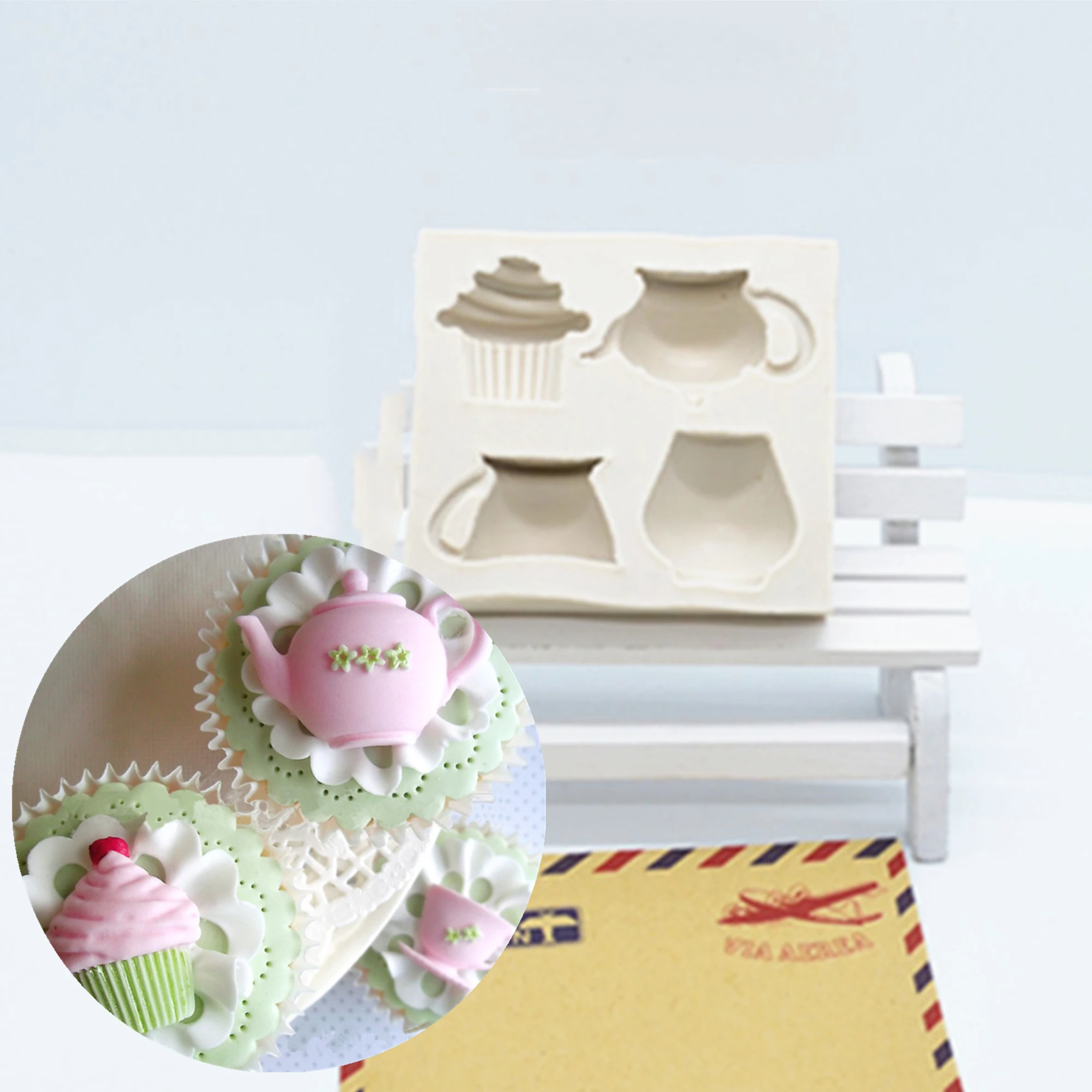 1pc3DTeapotCupShapeSiliconeFondantMoldsDIYChocolateMould