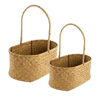 

2 Pcs/Set Oval-shaped Seagrass Weave Flower Basket Handheld Sundries Storage Tote Bag Household Handmade Craft Decor Flowerpot