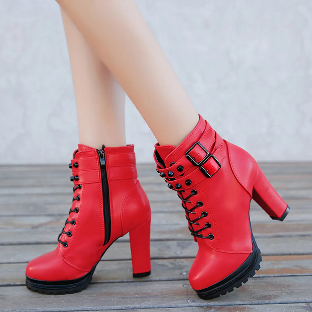 Ботильоны; обувь на высоком каблуке; кожаные однотонные ботинки на шнуровке с круглым носком; цвет черный, красный; Botas Mujer Bottines Femme; пикантные ботинки
