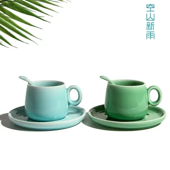 

Longquan Celadon Handmade Three-Piece Ceramic Coffee Cup and Saucer with Spoon