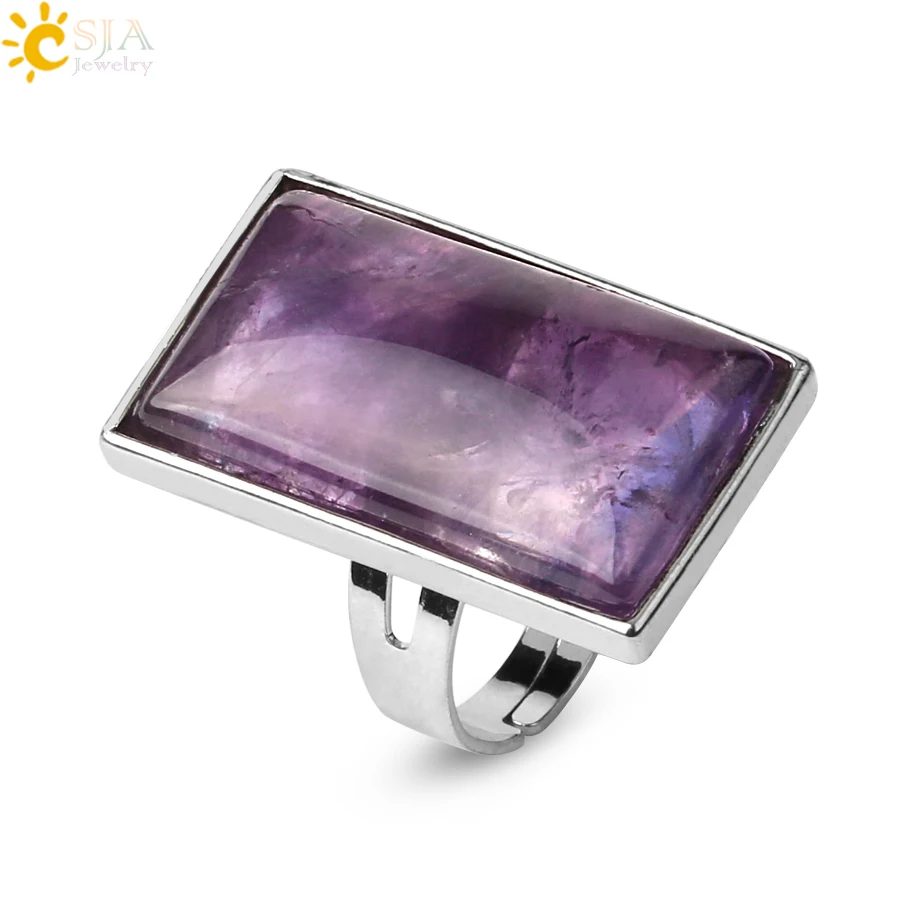 CJSA — Bague de guérison ajustable couleur argent, pierre naturelle, bijou mode pour femme, cristal rectangle en quartz rose, G456