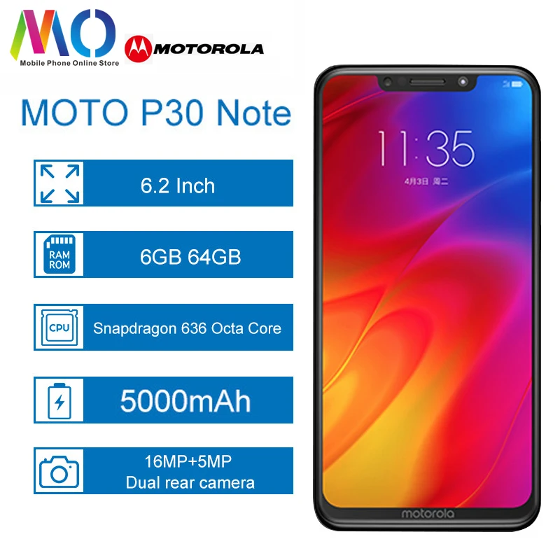 Moto rola P30 Note moto one power 5000 мАч Android 8,1 смартфон 6,2 дюймов Snapdragon 636 Восьмиядерный 6 ГБ 64 Гб 16.0MP мобильный телефон